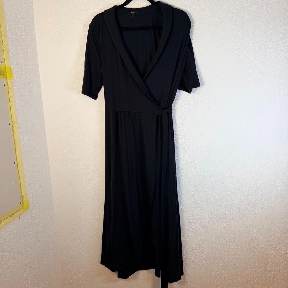 Quince Womens L Black Tencel Jersey Midi True Wrap Dress Short Sleeve Timeless
